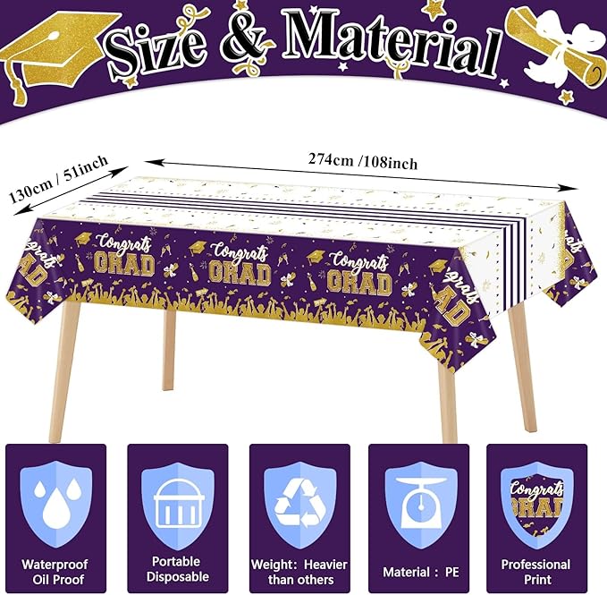 chiazllta Set of 3 Graduation Tablecloths Class of 2026 Congrats Grad Purple Graduation Party Tablecover Decorations Party Supplies Large Size Plastic 54"x108"(Purple & Gold)