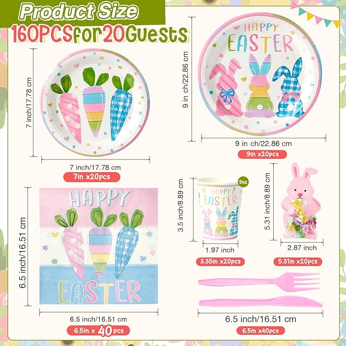 Mostop 160 Pcs Easter Tableware Set Party Supplies for 20 Guests Disposable Paper Plates, Cups, Napkins Forks Set Decorations for Easter Party Spring Holiday Picnics
