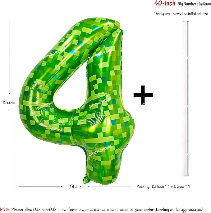 40 inch giant Green pixel miner game number 4 balloon Large mining theme foil balloon 0-9 Suitable for pixel game parties children's birthdays party anniversary celebrations baby shower decoration