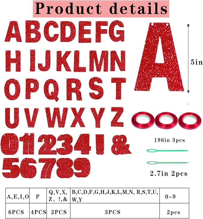 116 Pcs DIY Glitter Customizable Banner Kit Custom Banner Including 111 Letters and Numbers 3 Rope and 2 Threading Device for Personalized Decor for Women's Day Birthday (Red)