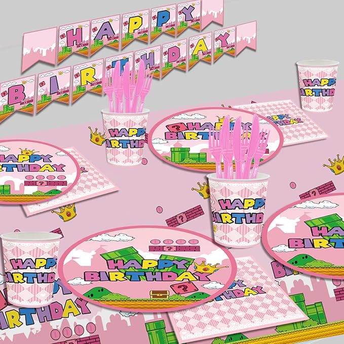 122Pcs Super Bros Peach Party Disposable Tableware Supplies Girls Princess Birthday Table Decoration Kit for 20-Guests Includes Banner, Tableloth, Plates, Cups, Napkins, Forks and Knives