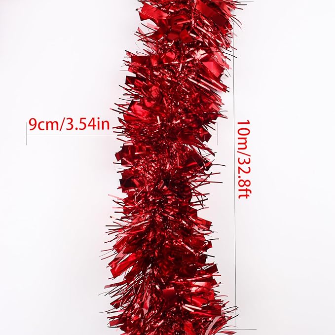 33FT Christmas Tinsel Garland,Red Shiny Metallic Foil Decorations for Parade Floats, Halloween, Christmas Tree, New Year Parties,Birthday Party,Indoor and Outdoor Disco Party Supplies