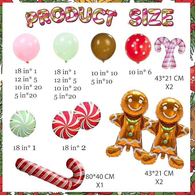 Christmas Balloon Garland Arch Kit 126Pcs Large Gingerbread Man Cane Foil Red Green Lollipop Candy & Mint Pink Cocoa Balloons for Xmas New Year Party Decorations