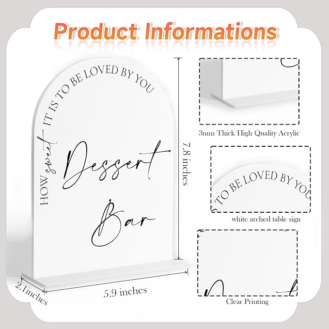 Dessert Bar Sign, White Arch Acrylic Wedding Sign, Dessert Table Decor, Wedding Reception Decorations, Bridal Shower Decor, Centerpiece Table Decorations Party for Bride and Groom-11