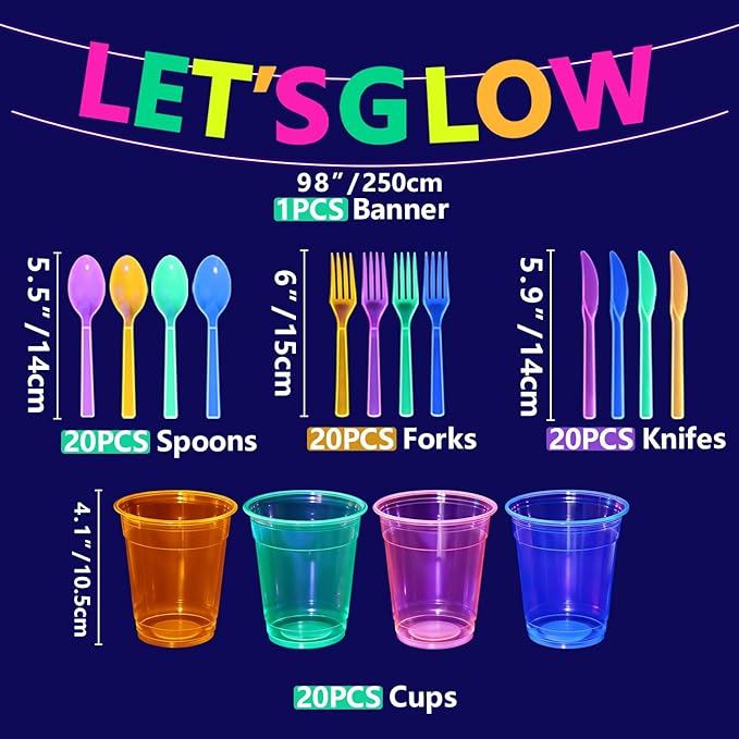 Glow in the Dark Party Supplies, Including Colorful Plates Napkins Tablecloth Banner and Dinnerware for Let's Glow Neon Party Decorations, Serves 20
