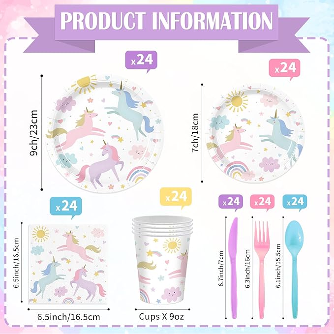 168PCS Unicorn Party Supplies Pastel Rainbow Unicorn Birthday Decorations Kit Sun Cloud Paper Plates Napkin Cups Forks Knives Favors for 24 Guests