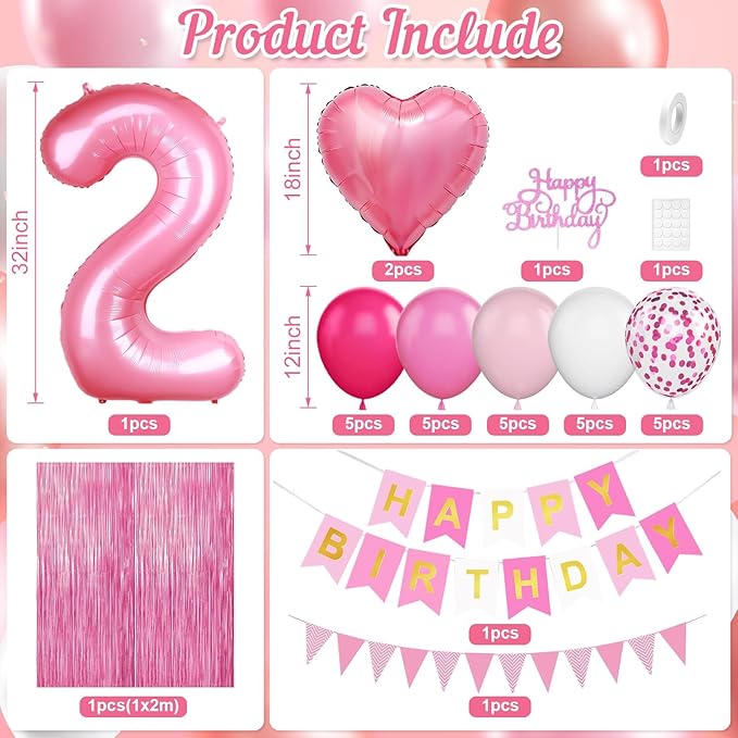 2nd Birthday Decorations for Girls, Hot Pink Balloons with Happy Birthday Banner, Fringe Curtain, Cake Topper, Glue, Ribbon