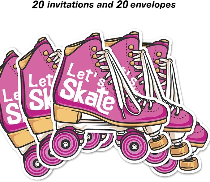 Roller Skating Party Invitations with Envelopes, 20 Set Roller Skate Shaped Invitations Birthday Baby Shower Party Invites Supplies Favors, Double-Sided, Pink