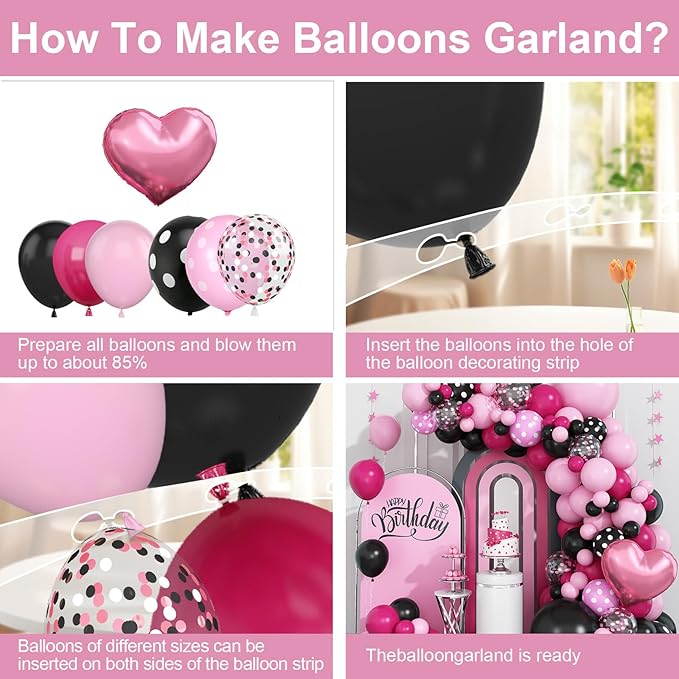 Pink Black Balloon Arch Kit, Pastel Hot Pink Black Dot Balloons Garland with Bow Heart Foil Balloons for Girls Kids Birthday Baby Shower Wedding Party Decor