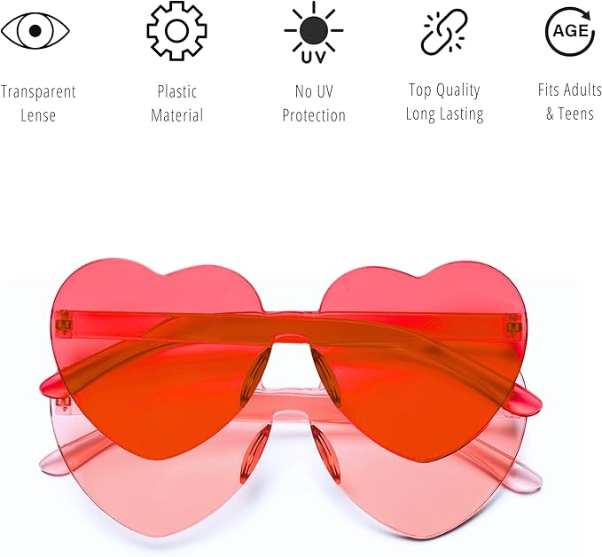 4E's Novelty 2 Pack Heart Shaped Sunglasses for Women - Trendy Glasses for Valentines, Mardi Gras, Men Party Outfit Accessory