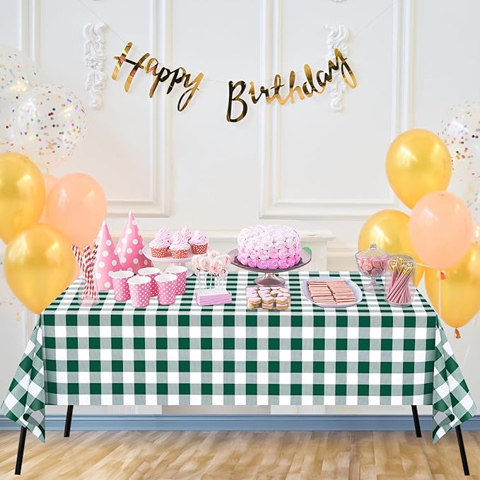WNINK 4 Pack Green and White Checkered Rectangular Plastic Tablecloths, Green Gingham Waterproof Disposable Table Covers 54" x 108" for Birthday, Wedding, Outdoor Picnic Camping Parties