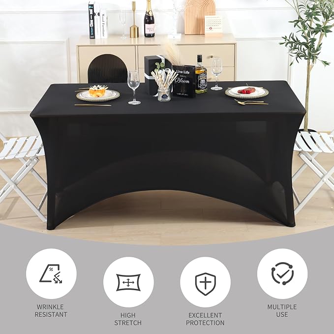 Fixwal Table Cloths for 8 Foot Rectangle Tables, 2 Pack, Black Table Cloths Rectangle 8FT, Fitted Tablecloth, Stretch Spandex Table Cover (96L x 30W x 30H Inch)