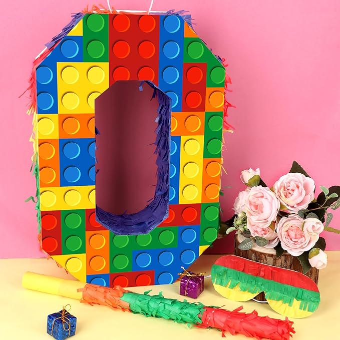 Number 0 Pinata Building Blocks with Pinata Stick Blindfold 10th Birthday Party Decorations for Kids Happy Birthday Building Block Theme Anniversary Party Supplies (Small, 16 x 10.6 x 3 In)