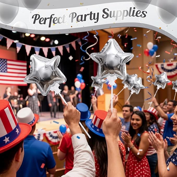 30 Pcs Star Self Inflatable Balloons with Bow Stems Star Foil Balloons Mini Pentagram Decoration for Patriotic Independence Day Graduation Birthday Baby Shower Anniversary(Silver,6 Inches)