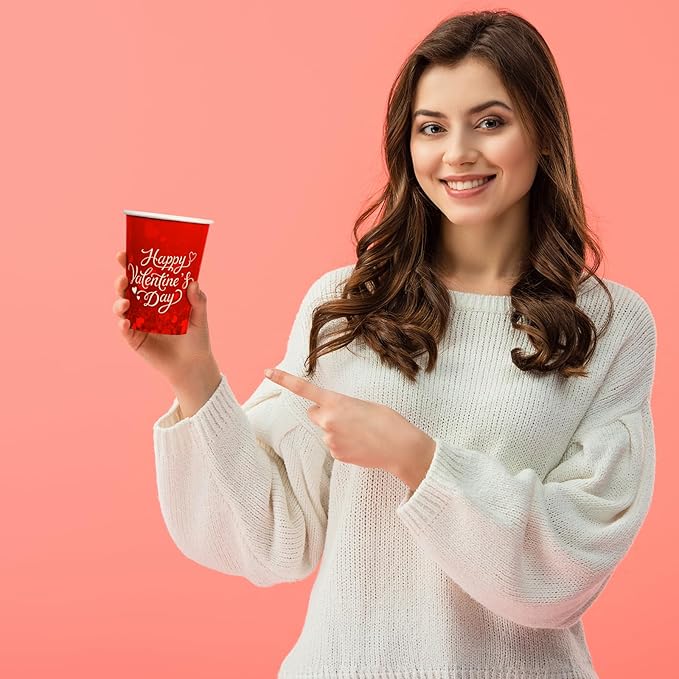 Gatherfun 50-Pack Valentine's Party Supplies - Romantic Heart-Themed 9 oz Disposable Paper Cups for Lovely Valentine's & Galentine's Day Decorations Set