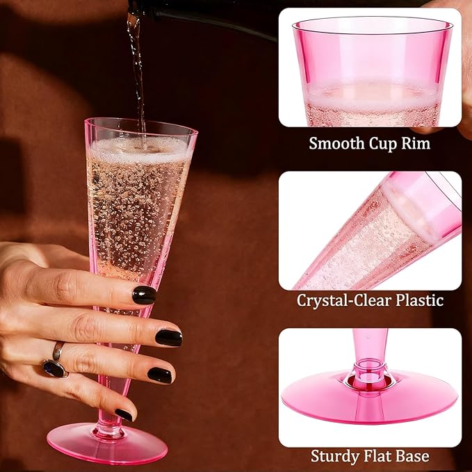 40 Pack Pink Plastic Champagne Flutes Disposable Wine Glasses, 4.5 Oz Clear Mimosa Cocktail Toasting Cups Bulk for 2026 New Year Eve Party Supplies Wedding Bride, Women's Day Decor