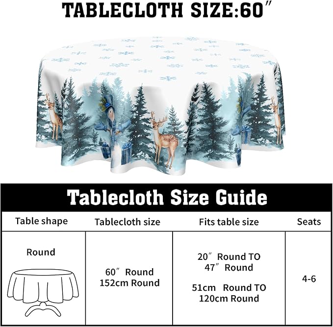 Blue Winter Round Tablecloth Christmas Snowflake Pattern 60 Inch Reindeer Circle Table Cloth Xmas Holiday Table Cover Polyester Decor for Home Kitchen Dinning Party