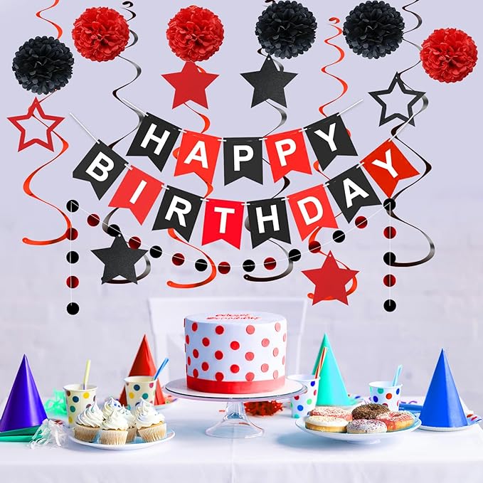 Red and Black Birthday Decorations, Black Happy Birthday Banner, Red Happy Birthday Decorations for Men Women and Girls Birthday Party Decorations