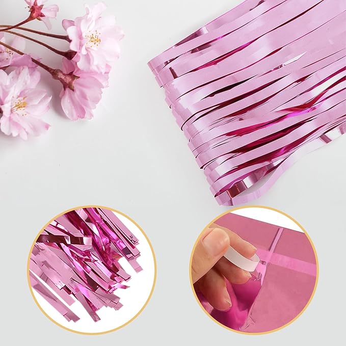 12 Pack Pink Foil Curtain Backdrop 3.2ft x 6.6ft Metallic Tinsel Fringe Backdrop Curtains Streamer Photo Booth Backdrop for Birthday Engagement Bachelorette Christmas Holiday Party Decorations