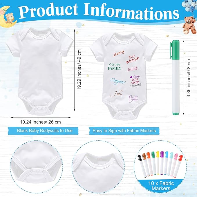 Qunclay 12 Pcs Baby Shower Game Decor with White Unisex Bodysuit Wooden Sign Tabletop Decor and Marker for Guests(Blue Bear)