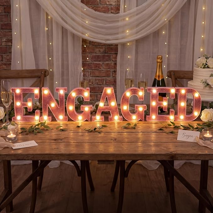 Honoson 7 Pcs 6.5 Inch Engagement Party Decorations Pink Warm Engaged LED Letter Lights Sign Lights Table Decoration for Wedding Engagement Bridal Shower Engaged Party Decor
