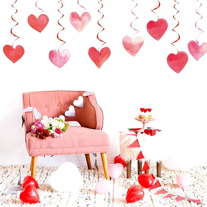 Valentines-Day Red-Pink Heart-Decorations Swirls Streamers - 16pcs Galentines Romantic Decorations Special Night Decor, Mother's Day Engagement Wedding Anniversary Party Favors Supplies Panduola