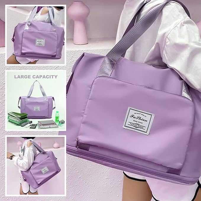 Large Capacity Folding Travel Bag, Lightweight Waterproof Luggage Bag, Expandable Travel Duffel Bag, Dry Wet Separated Gym Tote Bag, Weekender Overnight Bags for Women and Man (Light Purple)