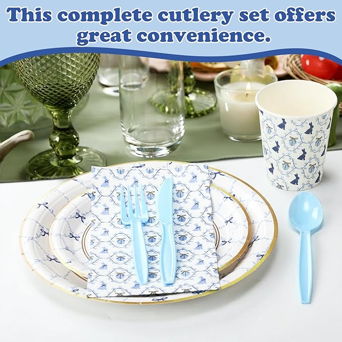 Yungyan 168 Pcs Easter Bunny Tableware Set Birthday Decorations Blue Bunny Bow Disposable Dinnerware Including Paper Plate Cup Napkin Cutlery Baby Shower Party Rabbit Plates for Table Supply Serves 24