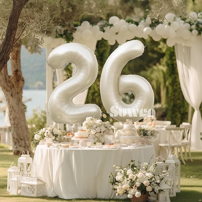 SUWEN 40 Inch Large Cream White 26 Balloon Numbers Big Foil Helium Number Balloons 0-9 Jumbo Happy 26th Mylar Birthday Party Decorations for Women or Men 62 Anniversary Party Supplies