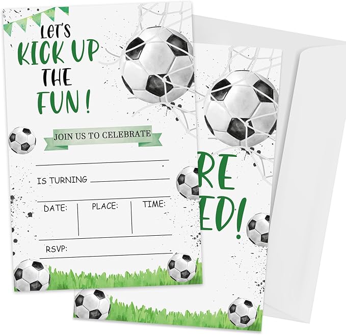 Soccer Birthday Invitations, Let's Kick Up the Fun Invites for Boys Girls, 4 x 6 inch, 20 Pcs Double-Sided Fill In Invitations with Envelopes