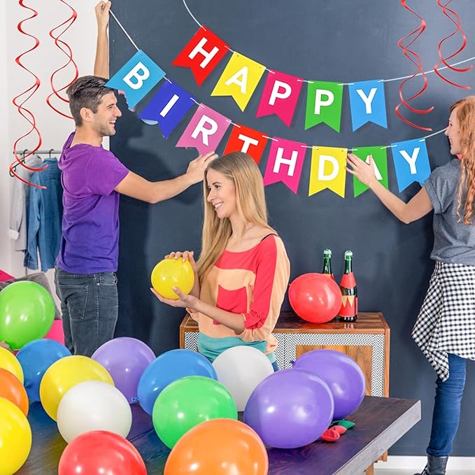 Colorful Birthday Party Decorations Kit - Happy Birthday Banner, Spiral Charm，Paper Flower Ball, Multicolor Latex Balloon and Colorful Confetti Balloons for Boys and Girls
