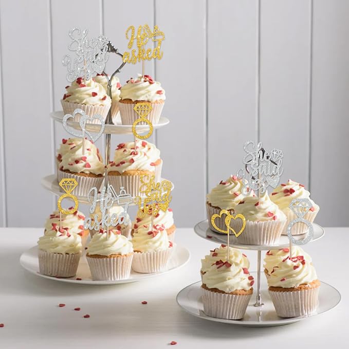 BEISHIDA He Asked She Said Yes Cupcake Toppers, 24 Pcs Engagement Cupcake Toppers Glitter Diamond Ring Heart Cupcake Picks for Wedding Engagement Bridal Shower Party Cake Decorations(Gold and Silver)