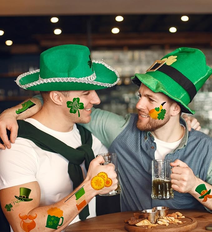 St. Patrick's Day Temporary Tattoos for Kids & Adults, 120 Irish Shamrock, Leprechaun, Gold Coins, Beer Mug Designs Waterproof & Easy to Apply Party Favors for Parade, School, Photo Booth, Cosplay
