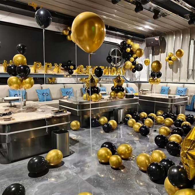 200 Pcs Black and Gold Balloons 12 Inch Latex Black Metallic Chrome Gold Balloon for Birthday Wedding Bridal Baby Shower Supplies Graduation Party Decorations