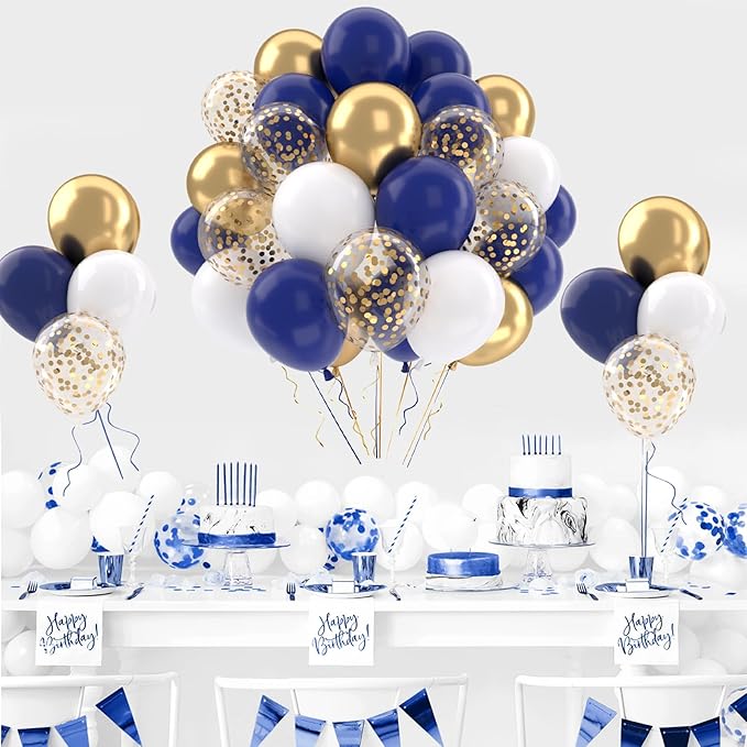 Patimate Navy Blue Gold Balloons Set, 50 pcs 12 inch Metallic Gold Navy Blue White Confetti Latex Balloons Kit for Birthday Baby Shower Graduation Party Decorations