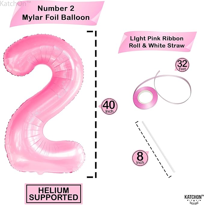 KatchOn, Giant Pink Number 2 Balloon - 40 Inch | Two Balloon, Light Pink 2 Balloons Number | 2nd Birthday Decorations for Girl | Two Sweet Birthday Decorations, 2nd Happy Anniversary Decoration