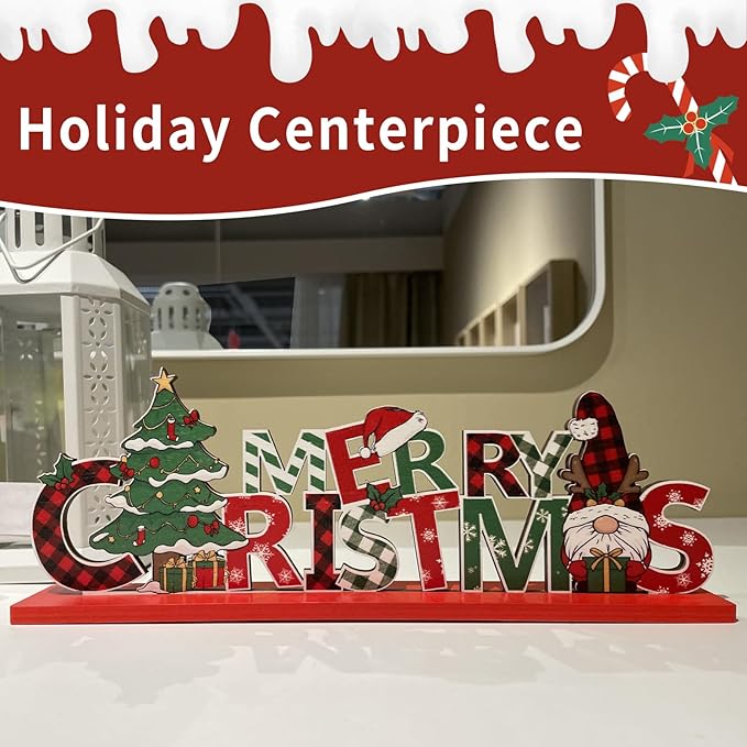 3Pcs Christmas Table Decorations Gnomes Tree and Merry Christmas Sign Centerpiece Tabletop Wooden Ornaments Indoor Xmas Decorations for Party Coffee Table Gifts