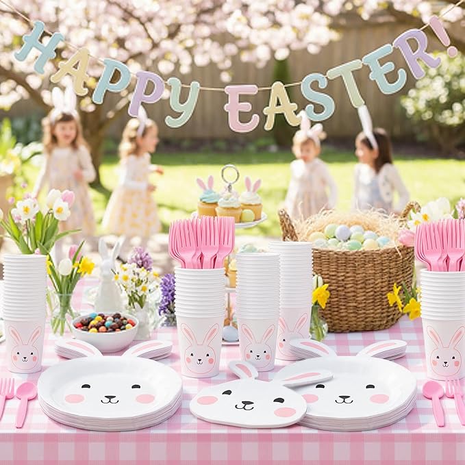 Qinyoung 147 Pcs Bunny Birthday Decorations Easter Tableware Party Supplies Some Bunny Is One Decorations Include Easter Party Plates Napkins Paper Cup Fork and Spoon Tablecloth, Serve 24 Guests