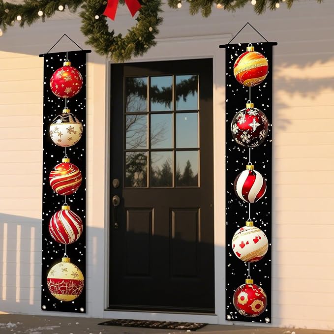 Nuxovilar Christmas Decorations Outdoor Yard Front Porch Sign Set, Black Background Christmas Ball Door Banners, Hanging Decor for Home Wall Yard