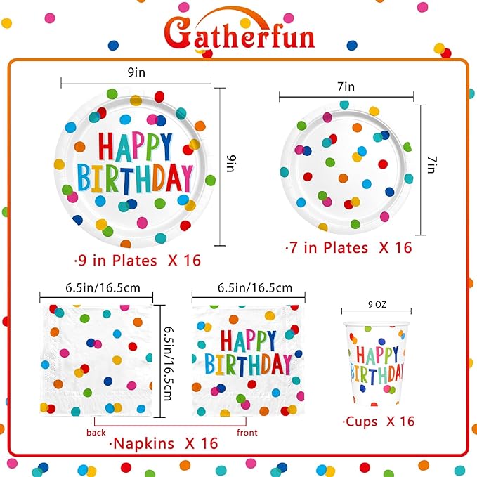 Gatherfun Happy Birthday Decorations: Kids' Birthday Party Supplies with Dots Design - Multicolor, 16 Count, Serves 16