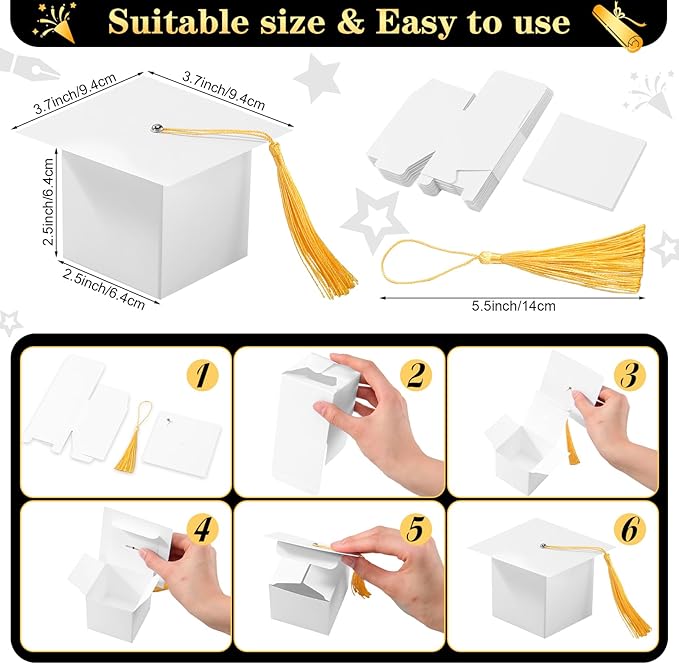 TaoBary 12 Pieces Graduation Candy Box Graduation Decorations Party Gift Boxes Graduate Cap Box Candy Chocolate Cookie Supplies for Ceremony Party(White)