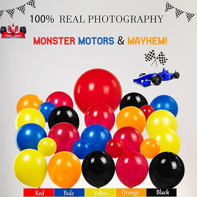 Monster Truck Birthday Decorations include Red Blue Yellow Balloons Ribbon Arch Cake Paper Card Toppers Tablecloth Backdrop Truck Birthday Decor for Boys Racing Party Decoration Supplies