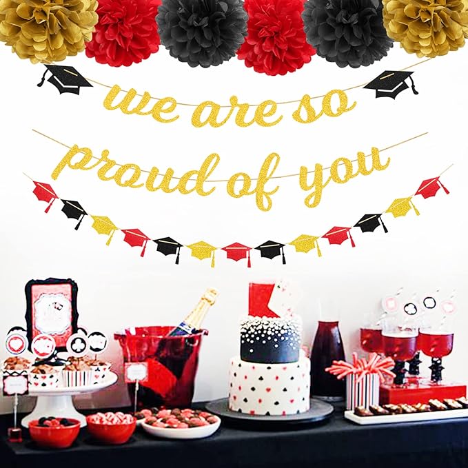 Red Black-Gold Party-Decoration Graduation Banner - 8pcs Kits Cap Garland Streamers, Paper Tissue Pom Poms Flowers,We are So Proud of You Congratulations Grad 2025 Decor Lasting Surprise