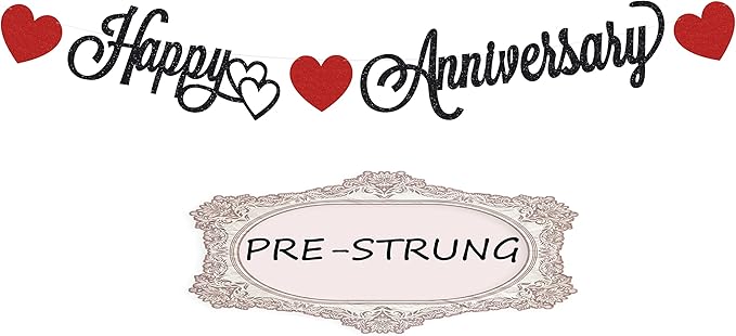 Pre-Strung Happy Anniversary Banner - Black Glitter Decorations, Perfect for Wedding & Work Anniversary Parties, Photo Booth Props