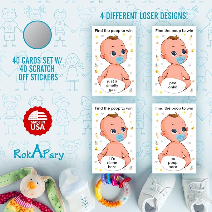 RokAPary Baby Shower Boy Scratch Off Poop Game, Easy to Play Silly Games, Funny Idea, Ice Breaker Activity. Raffle Cards, Blue Pacifier, Set of 40 Cards Made in USA