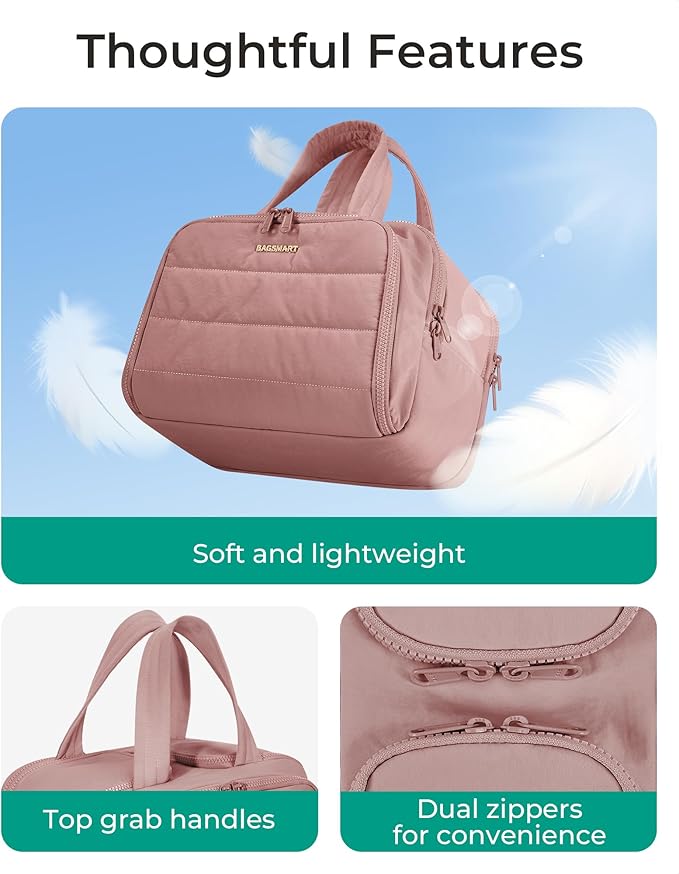 BAGSMART Travel Toiletry Bag, Lightweight Large Wide-open Travel Bag for Women, Puffy Cosmetic Makeup Bag Organizer with Handle for Accessories,Essentials, Toiletries, Dark Pink