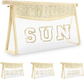 Iqimott Clear Patch Sun Bag Makeup Letter Bag, Boho Preppy Letter Bags for Beach Swim, Waterproof Zipper Make up Bags Toiletry Pouch for Women Girls, Clear Organizer Pouch for Travel(Sun, Beige)