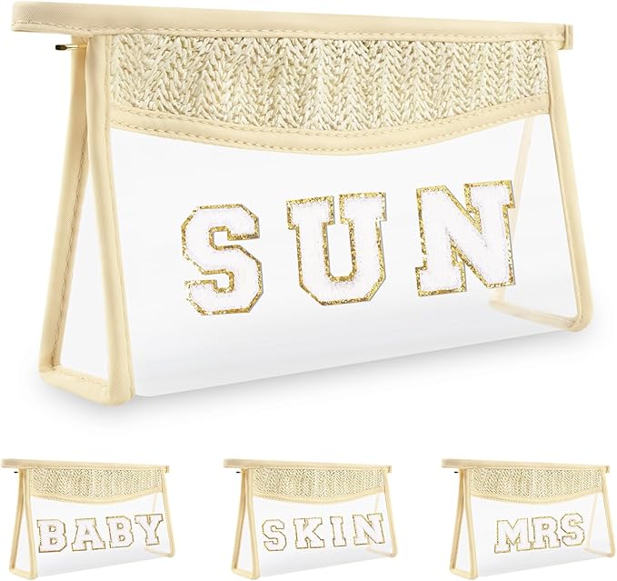 Iqimott Clear Patch Sun Bag Makeup Letter Bag, Boho Preppy Letter Bags for Beach Swim, Waterproof Zipper Make up Bags Toiletry Pouch for Women Girls, Clear Organizer Pouch for Travel(Sun, Beige)