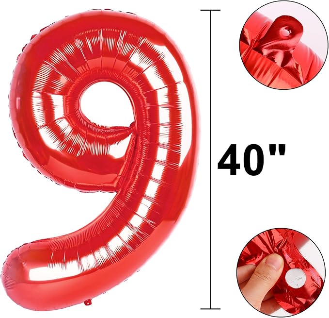 Red Number 9 Balloon 40 Inch Jumbo Mylar Foil Helium Balloon for 19 29 39 90 99 Birthday Party Decorations, Anniversary Supplies & Giant Number Displays Birthday Party Anniversary Supplie