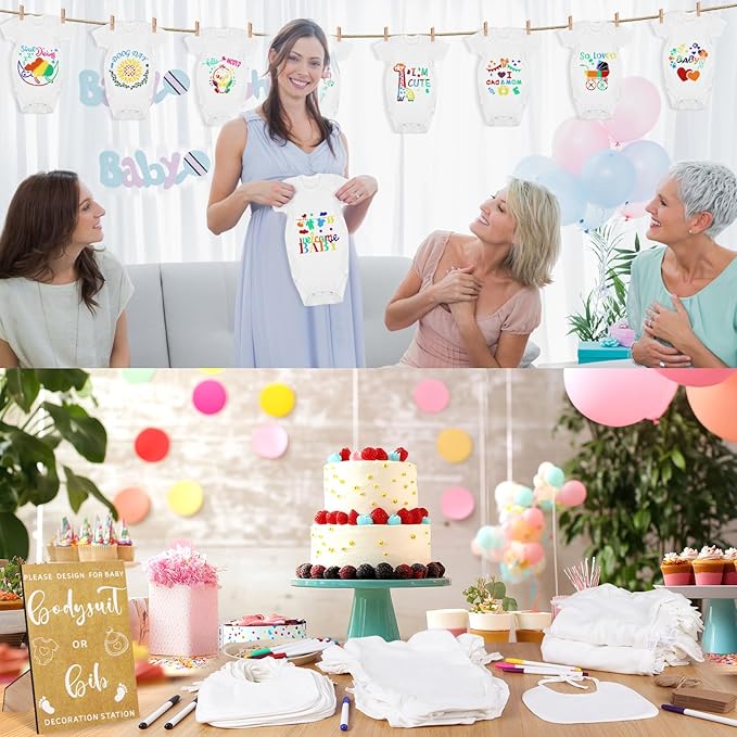 201 Pcs Baby Shower Set Baby Shower Game Sign Baby Bib Bodysuit White Baby Bib Newborn Bodysuit Baby Shower White Decorating Kit(Kraft)